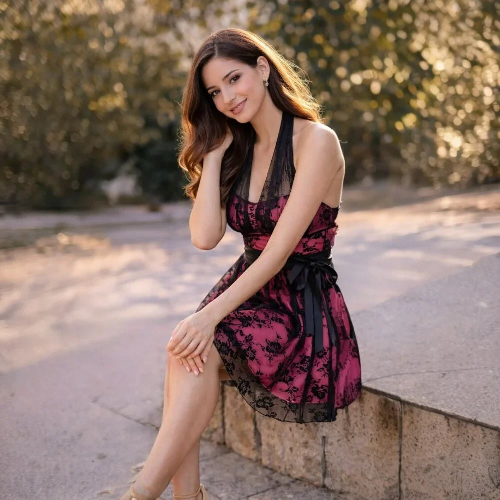 Backless Lace Overlay Halter Mini Dress | Ribbon Tie Waist | Size S | Pink - Picture 3 of 7